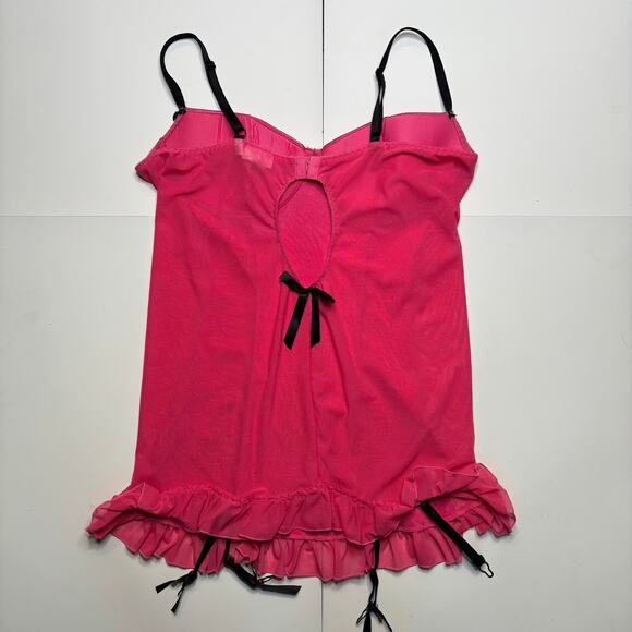 Y2K Pink Satin Dreamgirl Bustier Mini Dress Lingerie Slip Garter Babydoll 1 XL - Picture 4 of 4